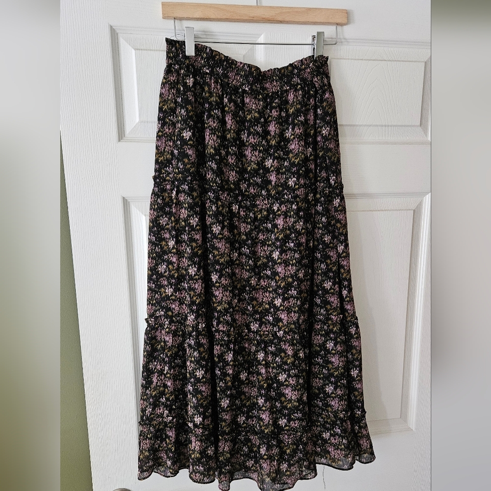 Madewell Black Floral Midi Skirt with Pink and Green Accents